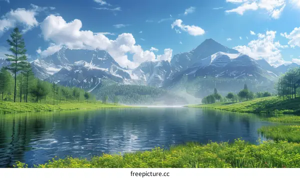 Mesmerizing Landscape with Mountains, Lake, and Verdant Fields
