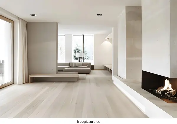 Modern Minimalist Living Room with Fireplace and Large Windows