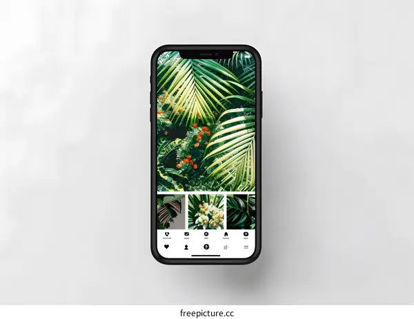 Smartphone displaying photos of tropical foliage