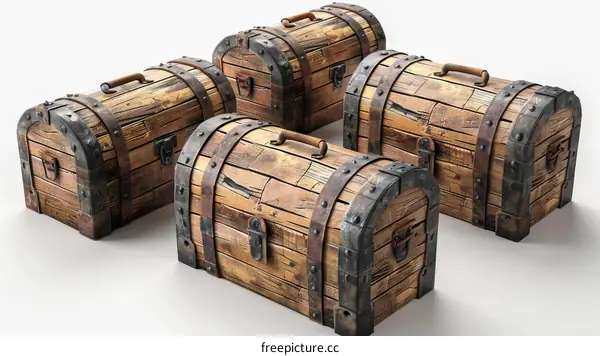 Four Wooden Chests with Metal Hardware for Storage and Security