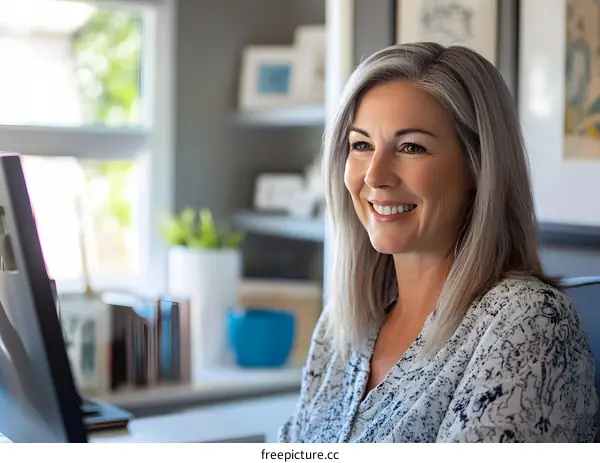 Smiling Woman Working at Home Office