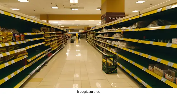 Empty Supermarket Aisle With Shelves Of Products