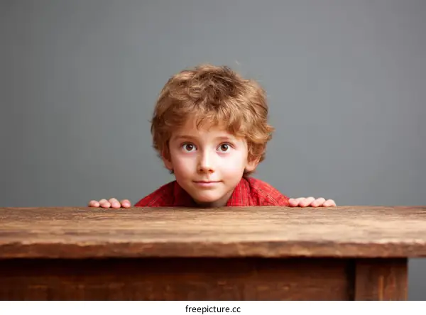 Curious Child Peeking Over Wooden Table