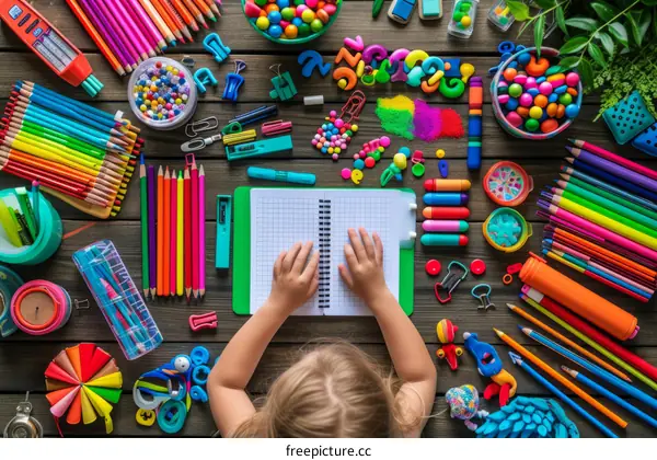 A little girl is writing in her notebook, surrounded by school supplies.