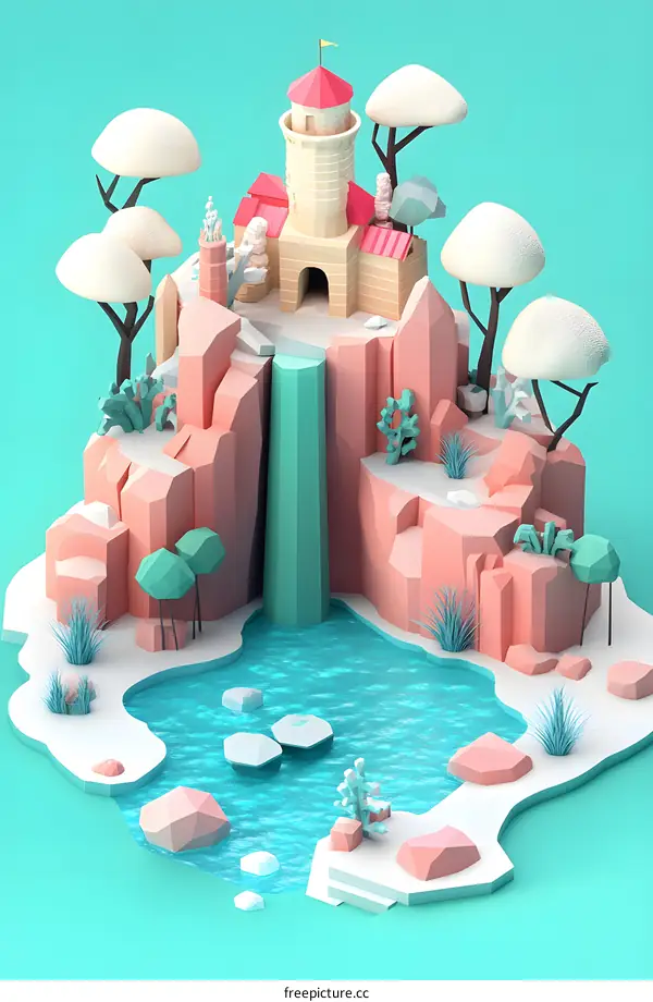 Low Poly Castle On A Mountain With Waterfall And A Lake