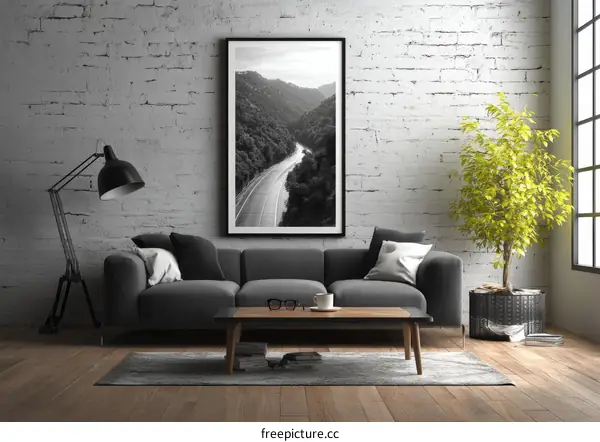 Modern Living Room Interior with Black and White Photo