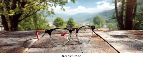 Outdoor wooden table with eyeglasses and mountain view
