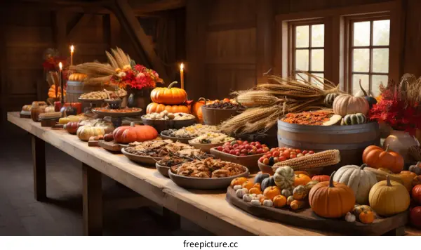 Thanksgiving dinner table with pumpkins, corn, and other food