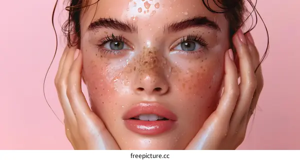 Close-up portrait of a beautiful young woman with freckles on her face