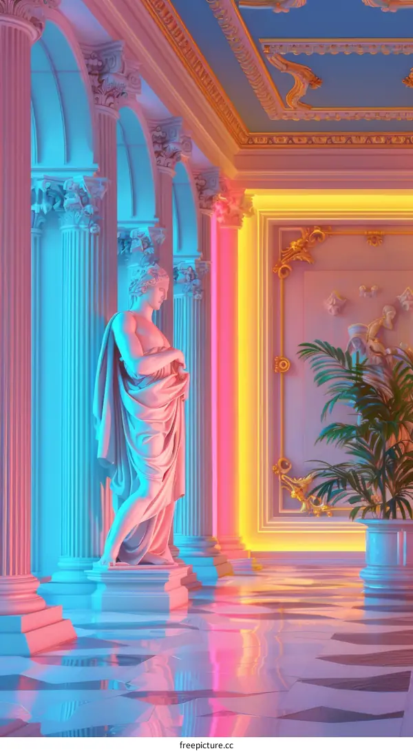 Neon Retro Statue Hallway Aesthetic