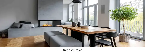 Modern Dining Area with Fireplace and Large Windows