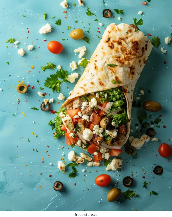 A delicious and healthy Mediterranean wrap with grilled chicken, fresh vegetables, and hummus