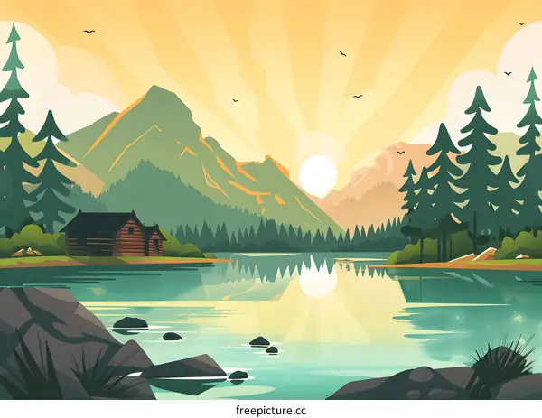 Sunset View of Lake with Cabin and Mountains