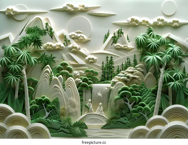 A verdant papercut landscape with two figures on a bridge