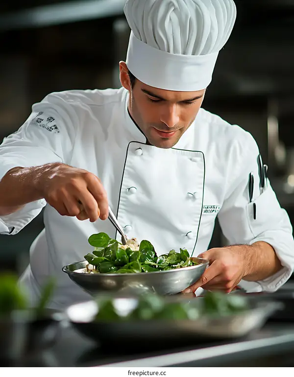Chef Preparing a Green Salad in a Kitchen