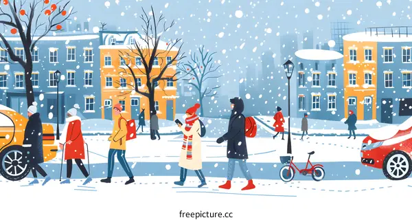 Winter Cityscape with People Walking and Snow Falling