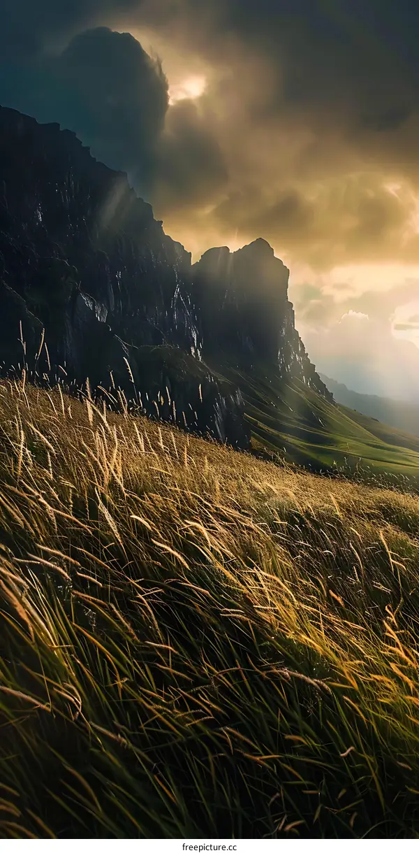 Golden Grass Field Under Dramatic Clouds and Mountains