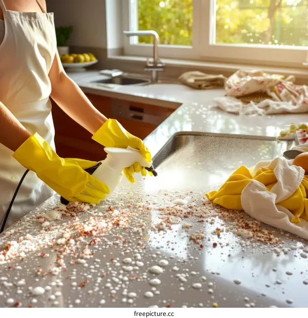 gloved woman cleaning kitchen counter