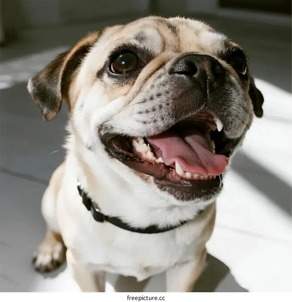 A cute pug dog with its mouth open showing teeth