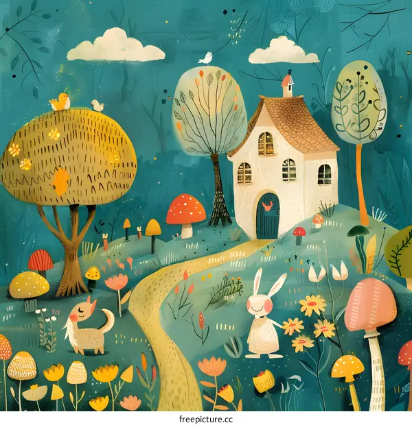 Cute Illustration of a House with a Rabbit and a Fox in a Forest