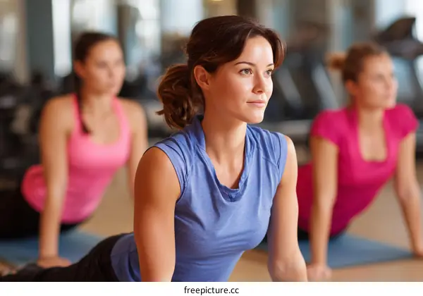 Three Women Practicing Yoga in a Fitness Center