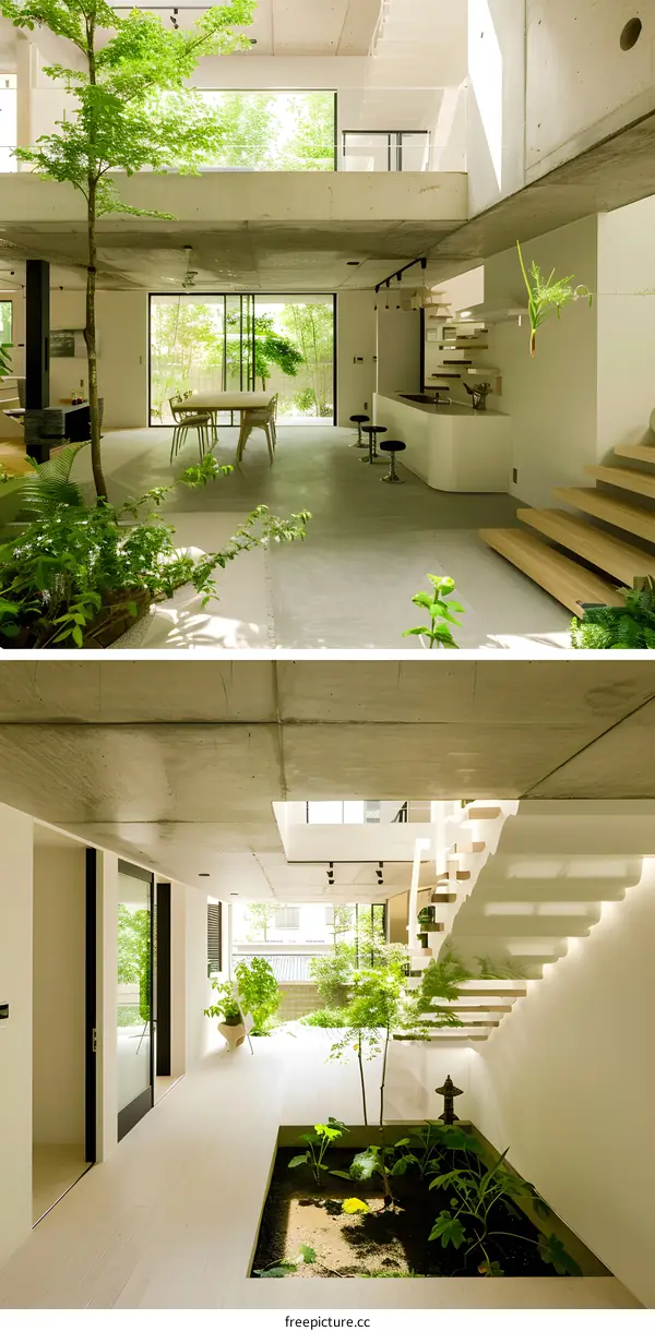 Modern House with Indoor Garden and Concrete Ceiling
