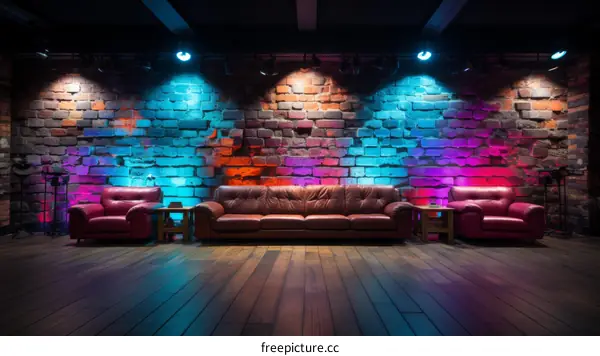Three vintage leather sofas in a brick room with blue and purple spotlights