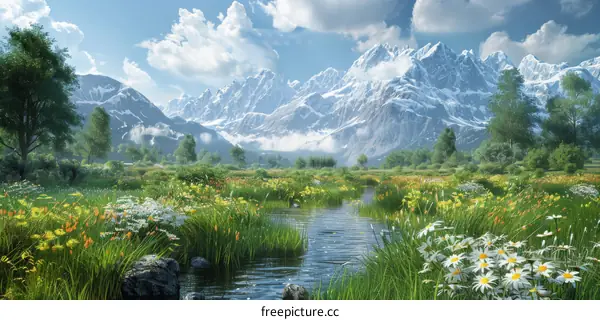 Breathtaking Landscape with Majestic Mountains, Flowing River, and Vibrant Flowers