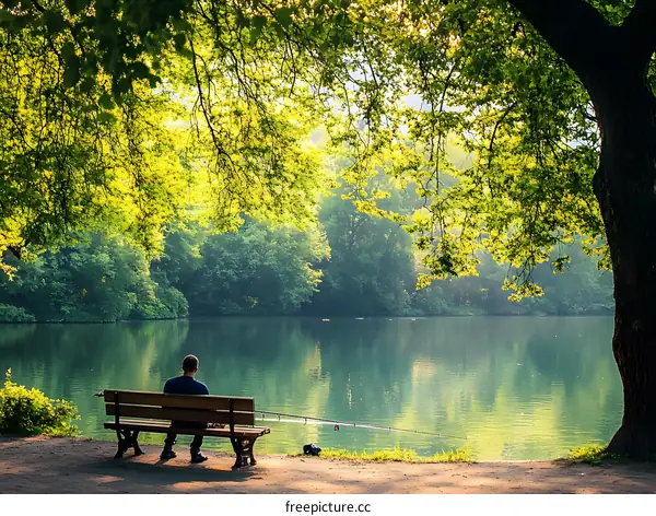 Man Sitting on Bench by Lake in the Sunlight
