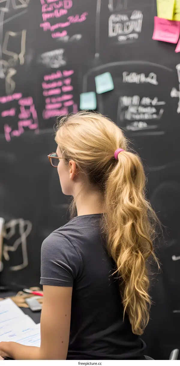 Woman With Blonde Hair In Ponytail Working At Desk