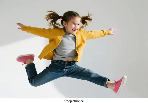 A joyful little girl jumping with arms and legs spread out