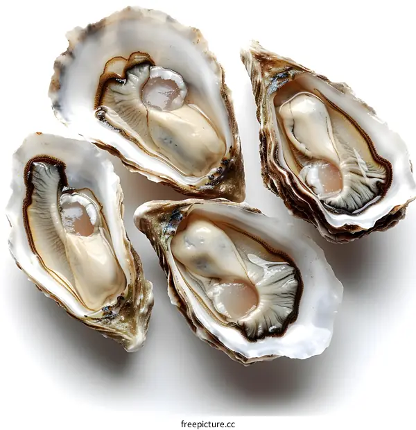 Four opened oysters on a white background