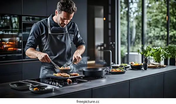 Modern Kitchen Chef Cooking Food on Induction Stove