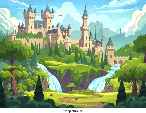 Fairytale Castle with Waterfalls and Lush Forest