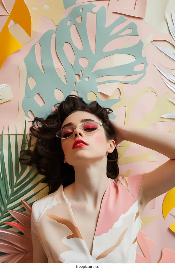 Woman Lying Down With Sunglasses and Paper Tropical Leaves