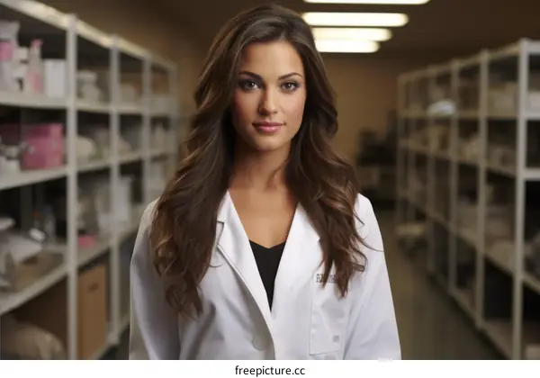 Portrait of a female pharmacist in a white coat standing in a pharmacy
