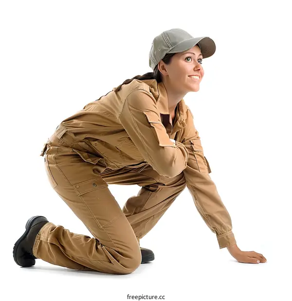 Woman in Coveralls Crouching