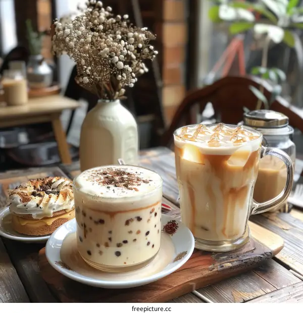 Refreshing Iced Coffee and Donut on a Wooden Table