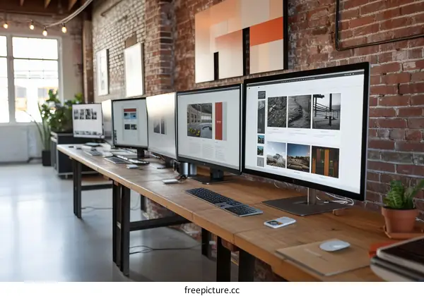 Modern Office Setup With Large Desk And Multiple Monitors