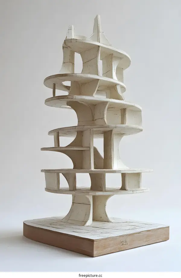 Abstract Wooden Sculpture of a Building with Circular Layers