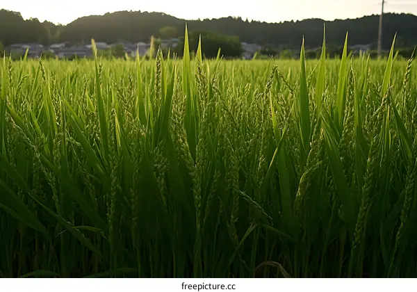 Green Rice Paddy Field with Lush Green Plants