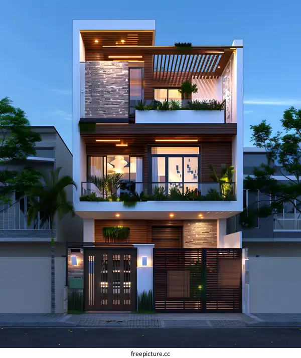 Modern Minimalist House Design with Wooden Facade and Balconies