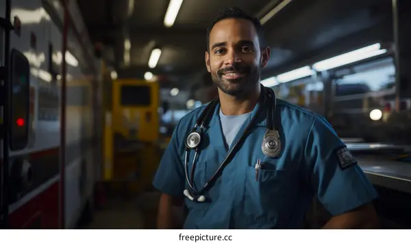 Portrait of a smiling male doctor in scrubs in a hospital setting