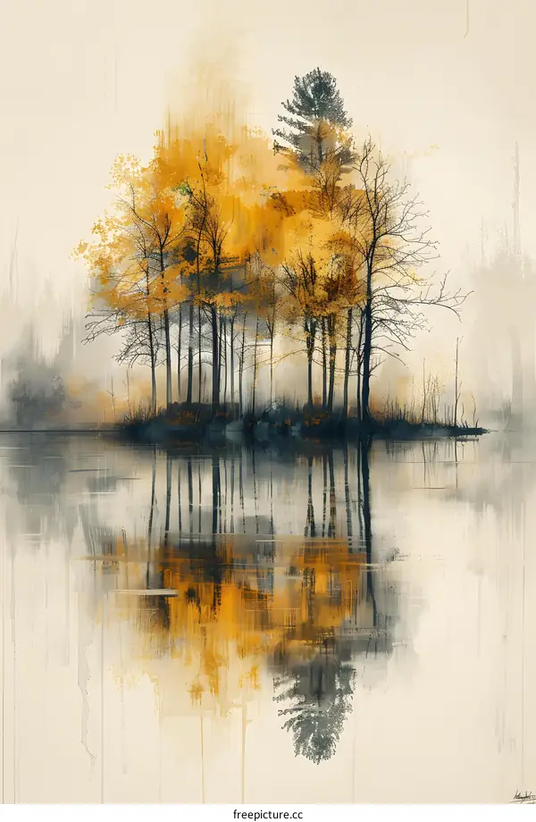 Misty forest lake landscape with yellow trees reflecting in water