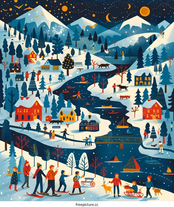 Winter Village Illustration With People