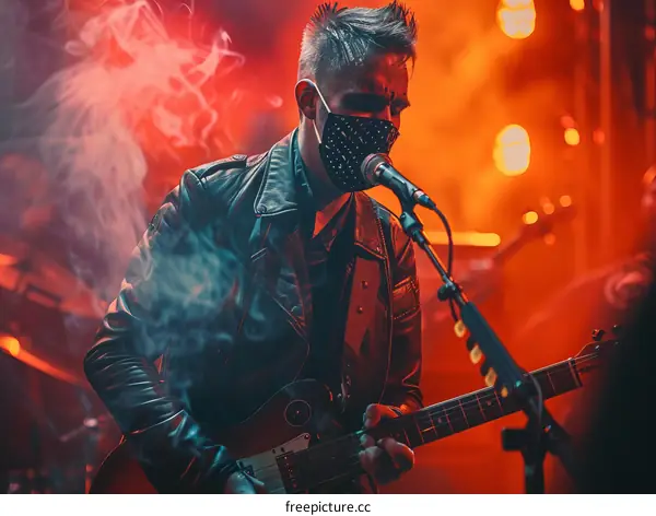 Rock musician with studded mask performing on stage