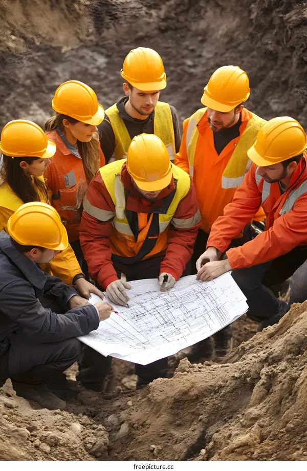 Construction Workers Discussing Blueprint at Construction Site