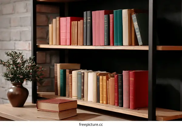 Cozy Home Library Bookshelf with Stacked Books