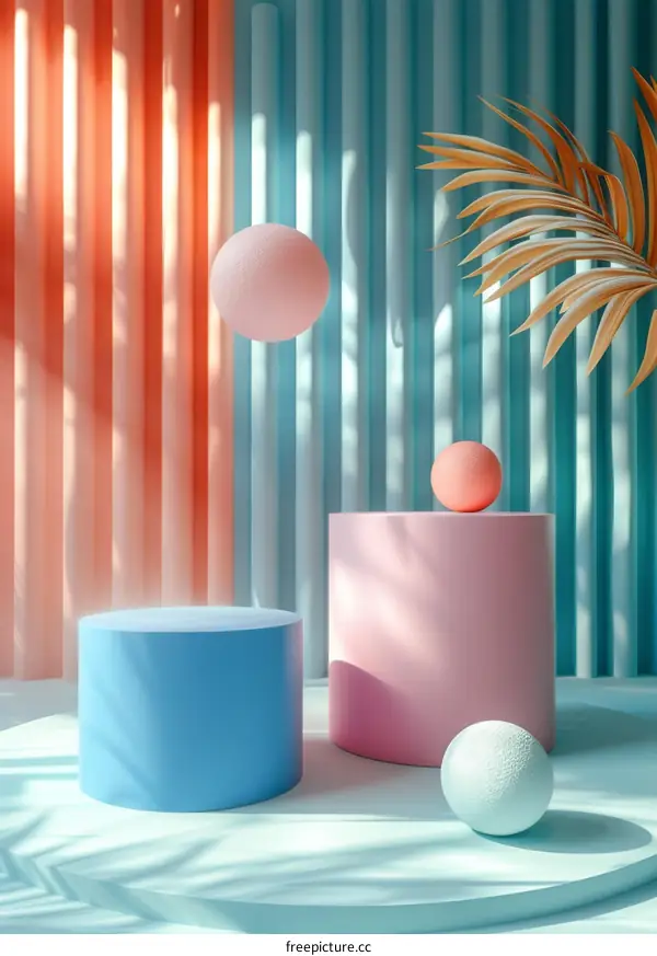 3d rendering of a blue and pink podium with a palm leaf