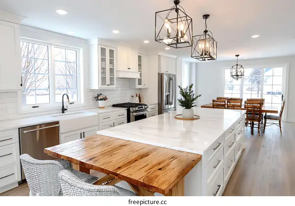 Modern Farmhouse Kitchen with Island and Dining Area